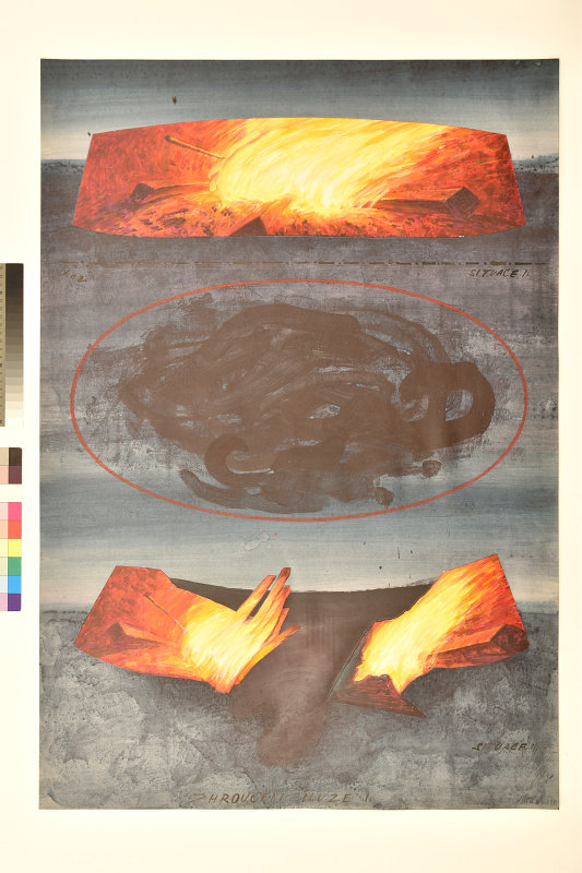 Pavel Nešleha, Zhroucení iluze (kresba k objektu Celospolečenské využití ohrad), 1988, akryl na papíře